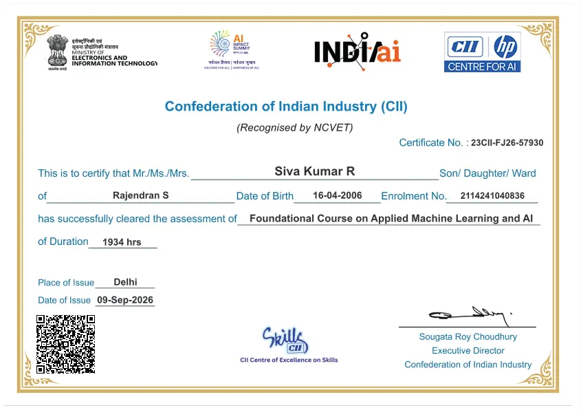 Siva Kumar R Foundational Course on Applied Machine Learning and AI Certification